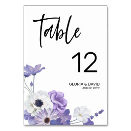 Tarjeta de número de mesa de boda floral púrpura