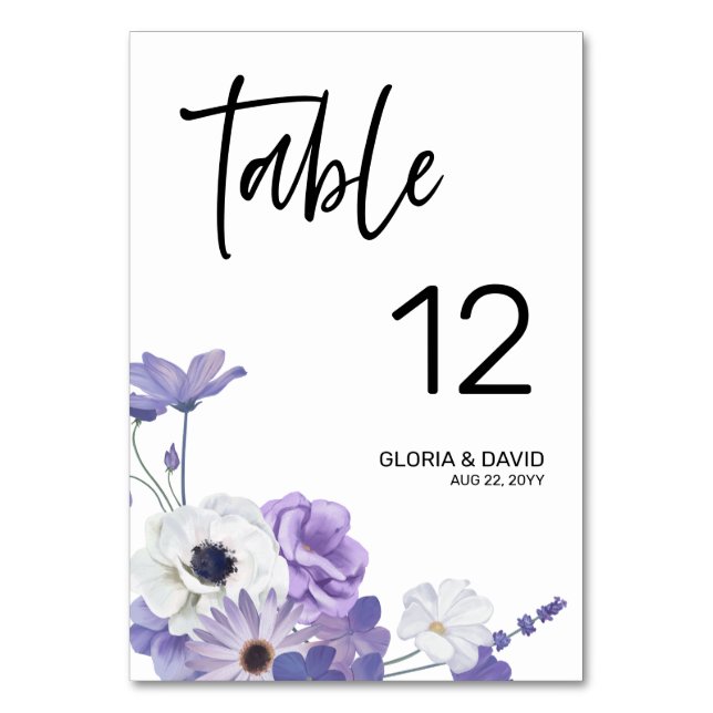 Tarjeta de número de mesa de boda floral púrpura (Anverso)
