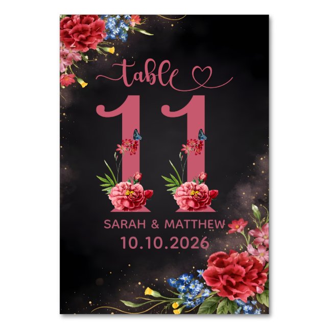 Tarjeta de número de mesa de boda floral sonrojada (Anverso)