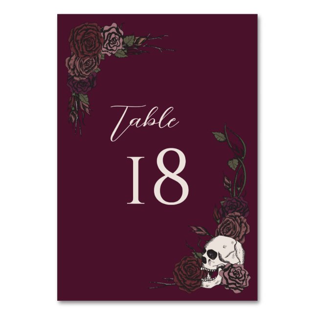 Tarjeta de número de mesa de boda gótica borgoña (Anverso)