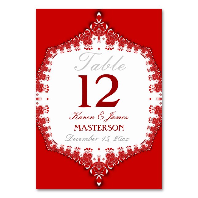 Tarjeta de número de mesa de boda Grand Red+White  (Anverso)
