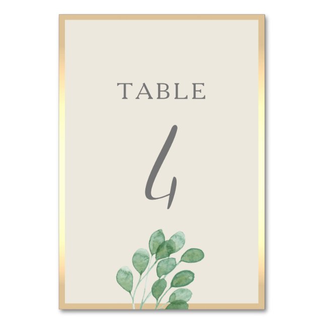 Tarjeta de número de mesa de boda Greenery Gold (Anverso)