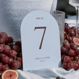 Tarjeta de número de mesa de boda marrón y azul