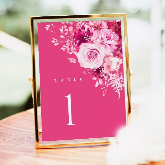 Tarjeta de número de mesa de boda rosa caliente, f (Hot Pink Floral Wedding Table Numbers, Fuchsia Rose Reception Table Number Sign in Gold Frame Decor)