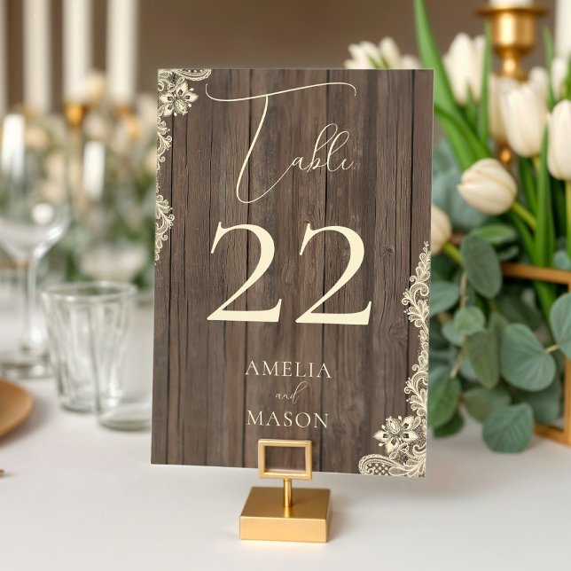 Tarjeta de número de mesa de boda rústica con enca (Wood Lace Wedding Rustic Table Number Card)