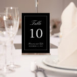 Tarjeta de número de mesa de boda simple y elegant<br><div class="desc">Un diseño simple y elegante de números de tabla en negro clásico con texto en blanco. La plantilla de texto fácil de usar tiene el número de tabla junto con los nombres de Novia y Groom y la fecha de boda. Para crear una tarjeta de número de tabla para cada...</div>
