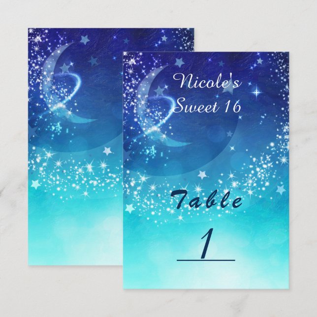 Tarjeta de número de mesa de fiesta de luna de cie (Anverso / Reverso)
