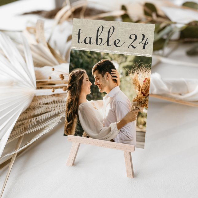 Tarjeta de número de mesa de foto de boda de lino  (Subido por el creador)
