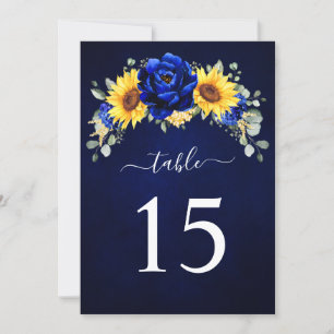 Tarjeta de número de mesa de girasol rústico azul 