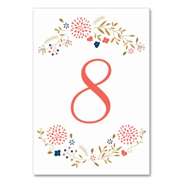 Tarjeta de número de mesa de jardín de coral y mar (Anverso)