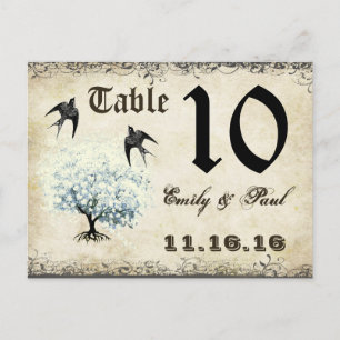 Tarjeta de número de mesa de pájaros de árbol azul