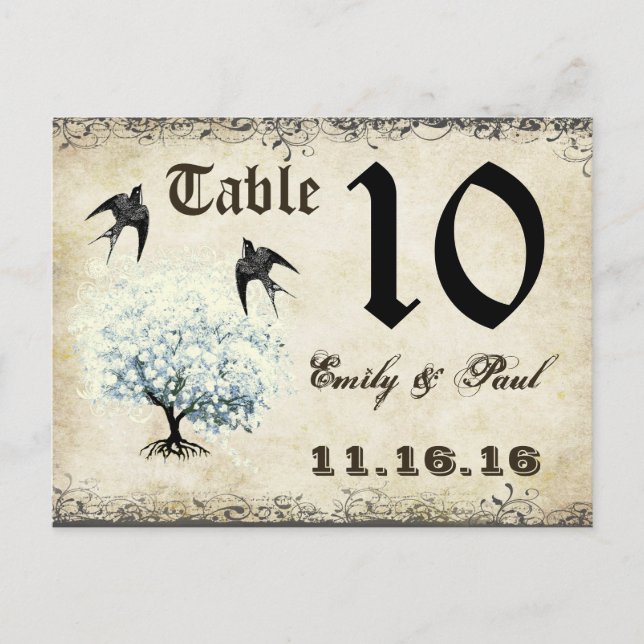 Tarjeta de número de mesa de pájaros de árbol azul (Anverso)