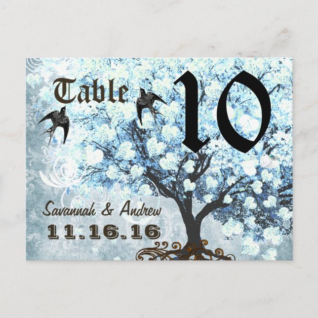 Tarjeta de número de mesa de pájaros del árbol azu (Anverso)
