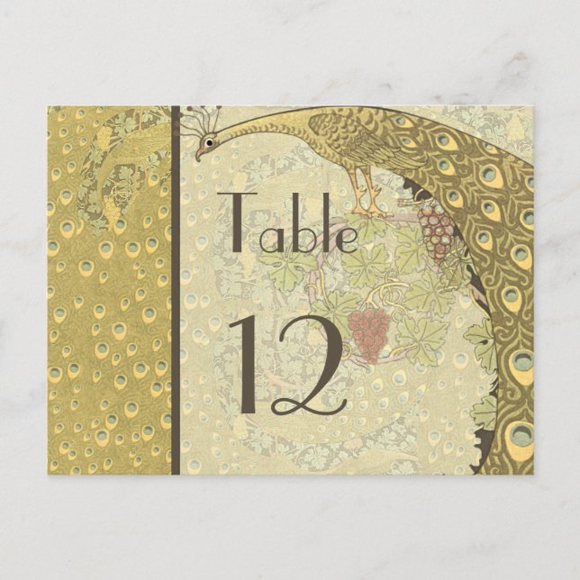 Tarjeta de número de mesa de pavo real Art Nouveau (Anverso)