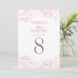 Tarjeta de número de mesa de peonía floral rosa el