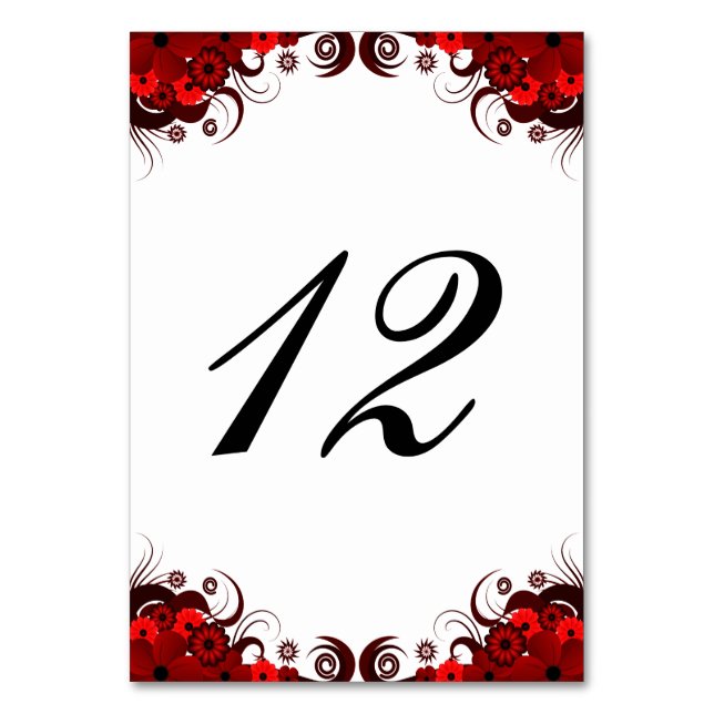 Tarjeta de número de mesa de recepción floral roja (Anverso)