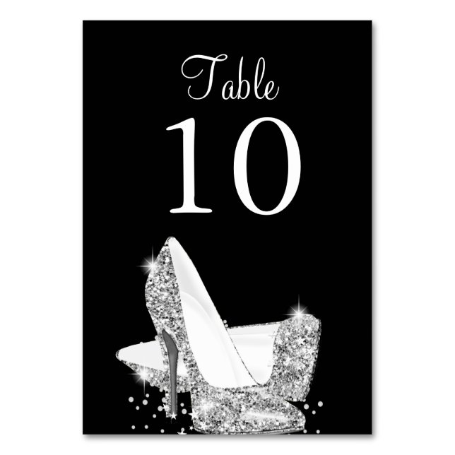 Tarjeta de número de mesa de tacones de plata negr (Anverso)