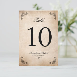 Tarjeta de número de mesa del Boda de pergamino el
