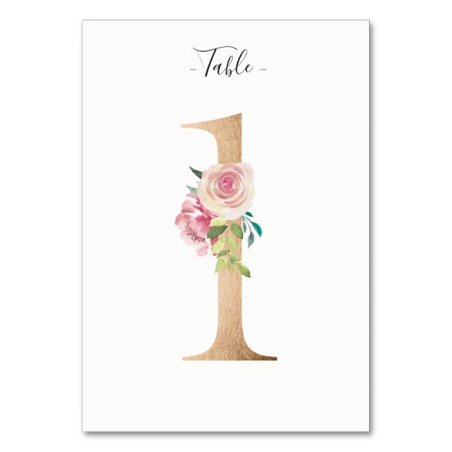 Tarjeta de número de mesa dorada floral (Anverso)