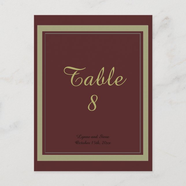 Tarjeta de número de mesa en burgundy y dorado (Anverso)