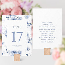 Tarjeta de número de mesa floral azul polvoriento