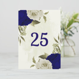 Tarjeta de número de mesa floral azul real beige
