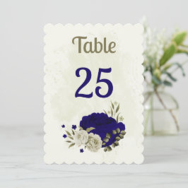 Tarjeta de número de mesa floral azul real beige