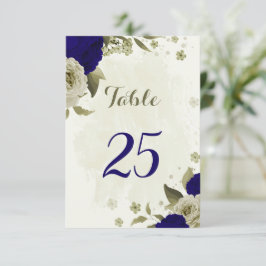 Tarjeta de número de mesa floral azul real beige