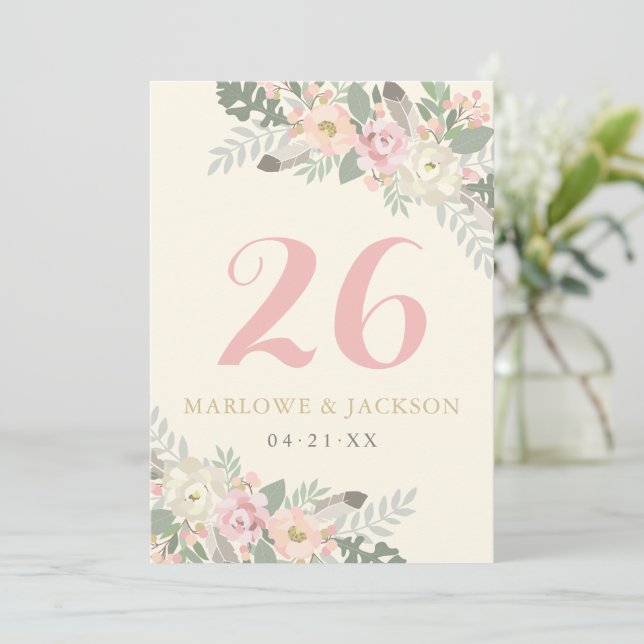 Tarjeta de número de mesa floral boho de oro rosa  (Anverso de pie)