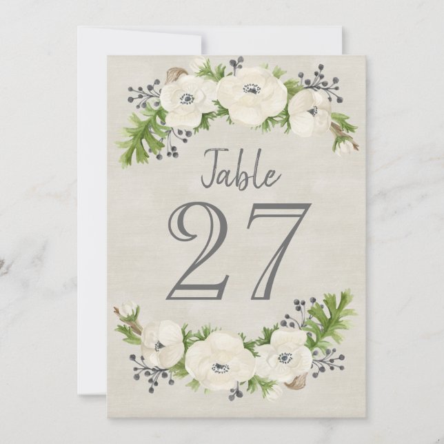Tarjeta de número de mesa floral de acuarela Anemo (Anverso)
