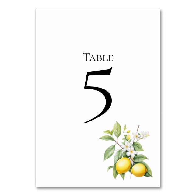 Tarjeta de número de mesa floral de limones (Anverso)