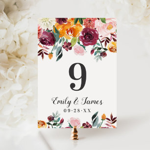 Tarjeta de número de mesa floral de otoño Borgoña 