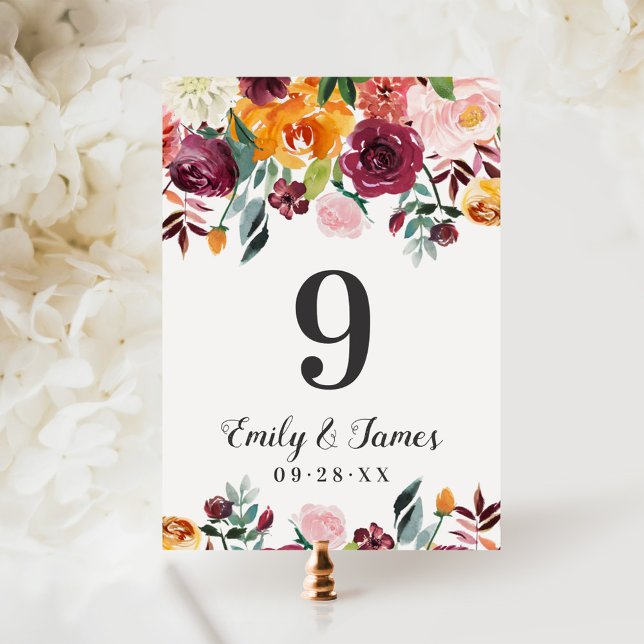 Tarjeta de número de mesa floral de otoño Borgoña  (Subido por el creador)