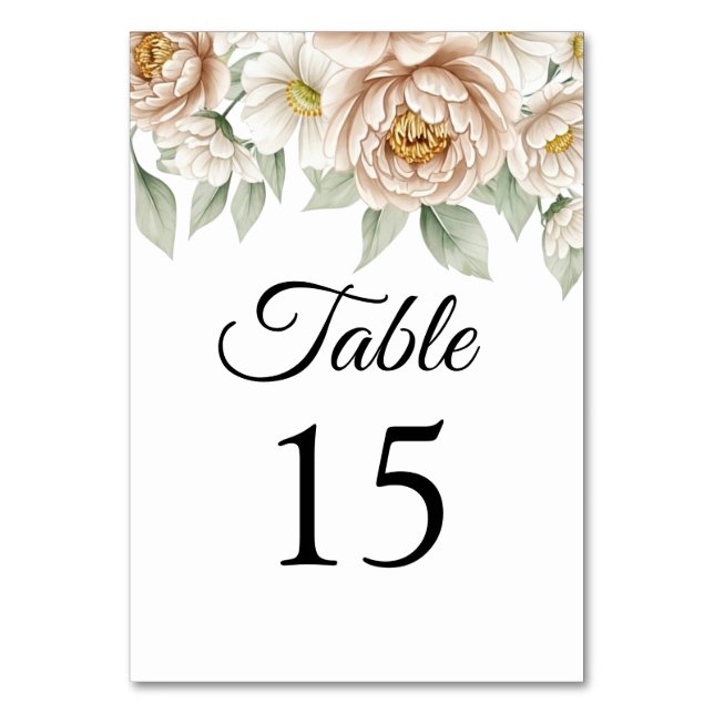 Tarjeta de Número de Mesa Floral de Peonía con Cre (Anverso)
