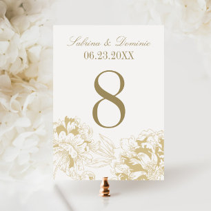 Tarjeta de número de mesa floral de peonía de oro