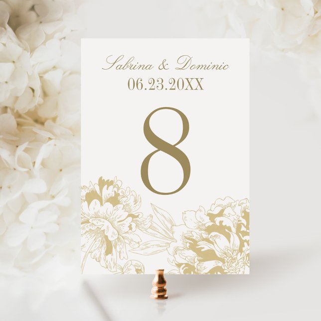 Tarjeta de número de mesa floral de peonía de oro  (Subido por el creador)