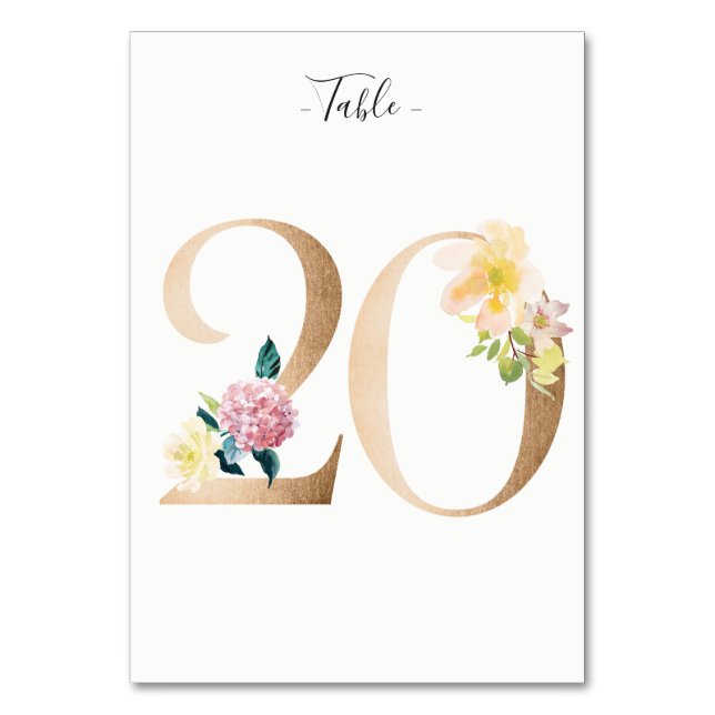 Tarjeta de número de mesa floral Golden 20 (Anverso)
