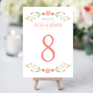 Tarjeta de número de mesa floral verde coral de ja