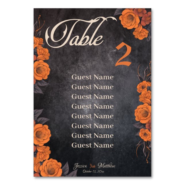 tarjeta de número de mesa Flores naranjas con nomb (Anverso)