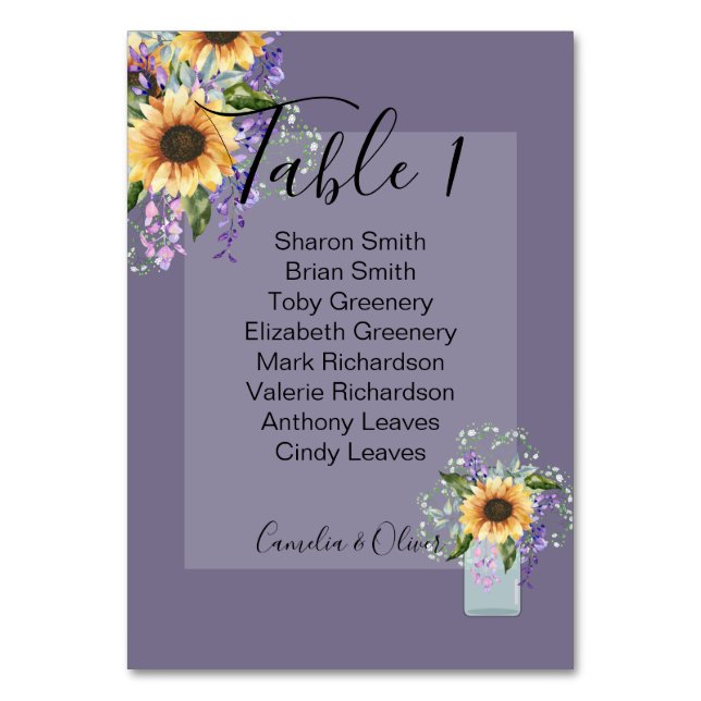 Tarjeta de número de mesa girasoles Wisteria púrpu (Anverso)