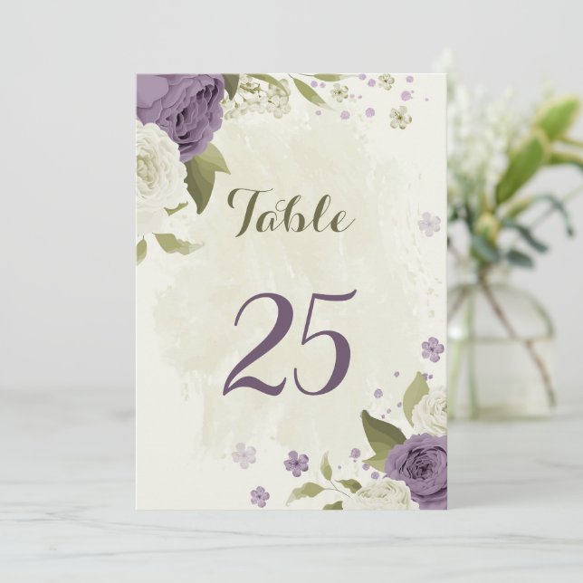 tarjeta de número de mesa mauve de flores blancas  (Anverso de pie)