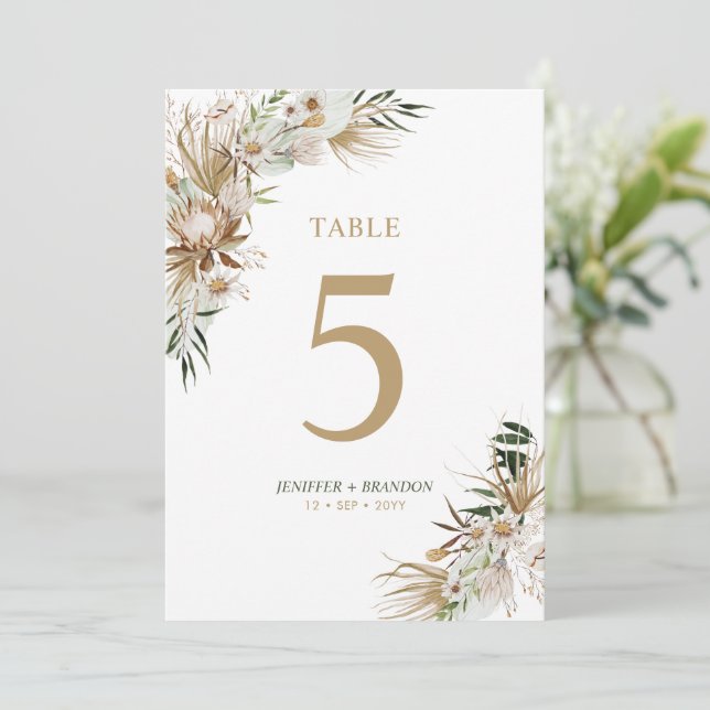 Tarjeta de número de mesa para boda boho dorada y  (Anverso de pie)