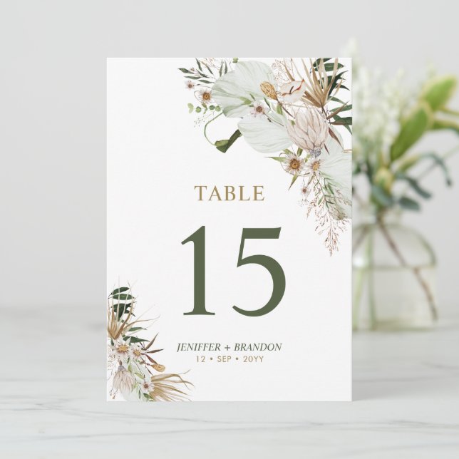 Tarjeta de número de mesa para boda boho dorada y  (Anverso de pie)