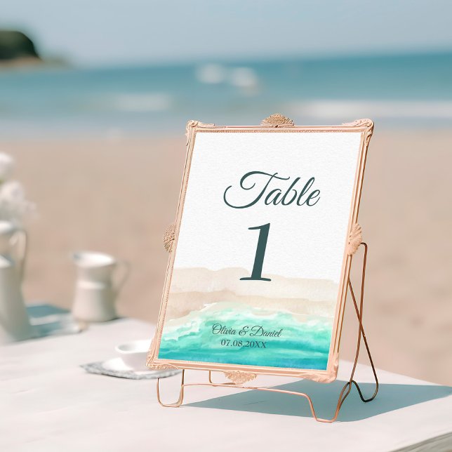 Tarjeta de Número de Mesa para Boda de Playa Tropi (Boho Tropical Beach and Palm Trees Table Number on a sunny beach)
