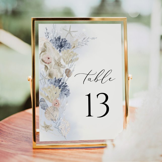 Tarjeta de Número de Mesa para Boda en Playa Coste (Blue coastal wedding table number card beach seashell decor)