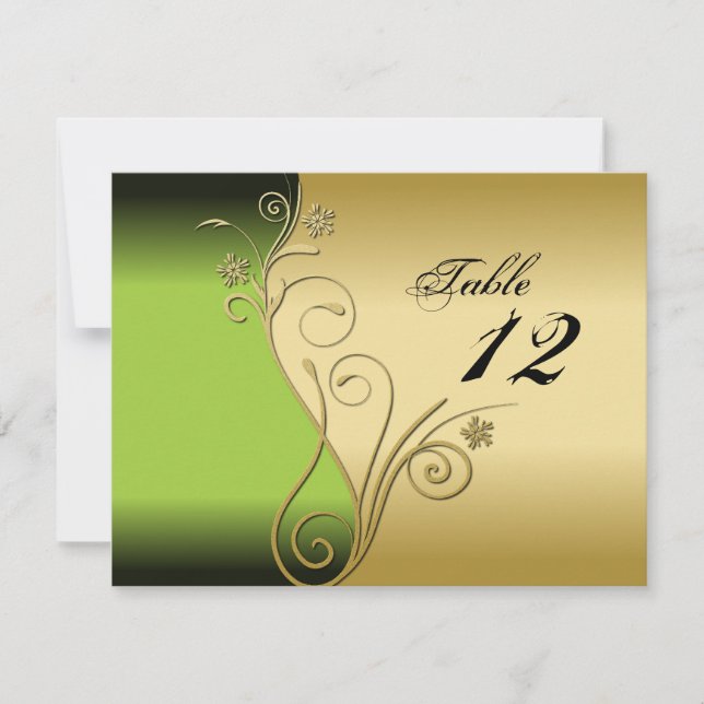 Tarjeta de Número de Mesa para Boda - Verde y Dora (Anverso)