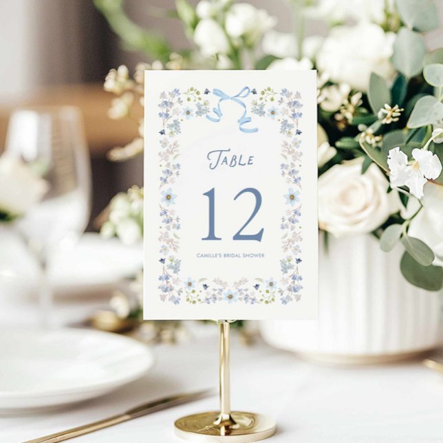 Tarjeta de número de mesa para desayuno nupcial fl (Blue Bow and Floral Table Number Card)