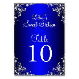 Tarjeta de número de mesa Royal Blue Sweet 16 Silv