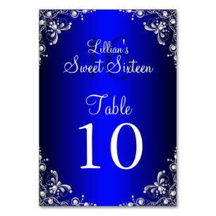 Tarjeta de número de mesa Royal Blue Sweet 16 Silv
