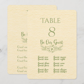 Tarjeta de número de mesa y lugar amarilla y verde